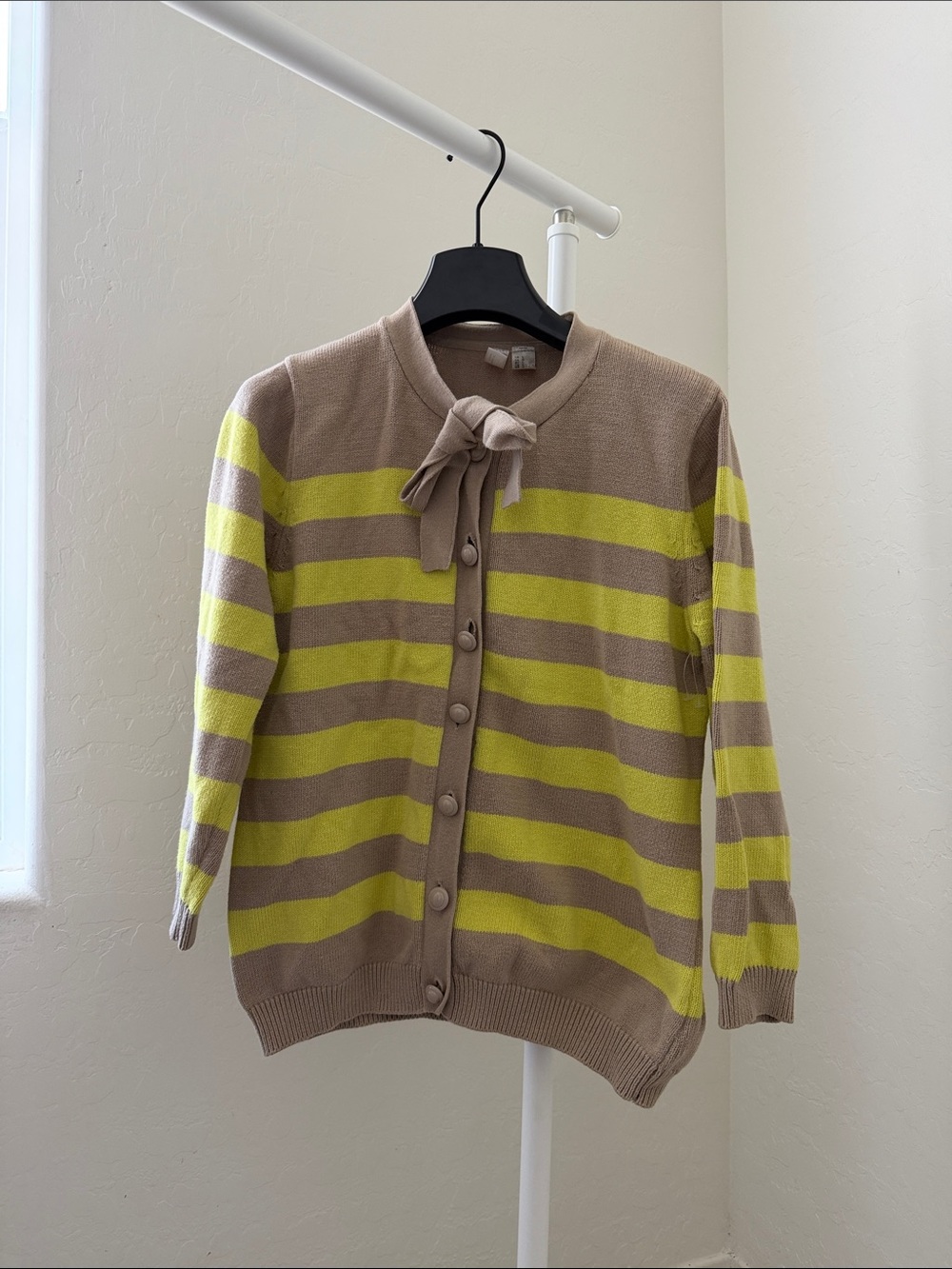 Romeo & Juliet Couture Beige and Lime Striped Tie-Neck Cardigan